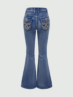 Baby Blue Casual Collar  Denim Animal Flare Leg Embellished High Stretch  Women Clothing Quinceanera Jeans, Jeans With Gems On Pockets, Jeans With Designs On The Back Pockets, Birthday Wishlist Clothes, Mexican Pants, Gem Jeans, Jeans With Gems, Jeans With Designs, Surprise Dance Outfits