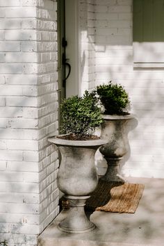 two cement urns with plants in them on the front step of a house,