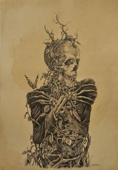 a drawing of a skeleton sitting in the middle of a field with vines on it's back