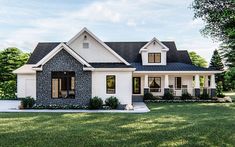 this is an artist's rendering of a house in the country style with white trim and black shingles