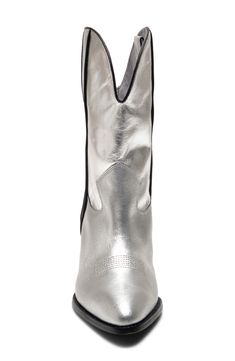 Decorative stitching and contrast piping lend visual intrigue to a Western-inspired boot balanced by a pointy toe and stacked block heel. 1 3/4" heel (size 38.5) 8 1/2" shaft Leather upper, lining and sole Imported Silver Ankle Boots With Reinforced Heel, Metallic High Heel Leather Boots, Metallic Leather Heeled Boots With Pointed Toe, Silver Leather Heeled Boots For Spring, Chic Silver Boots With Block Heel, Silver High Heel Western Boots, Western Boots Women, Walker Shoes, Decorative Stitching