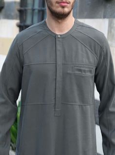 Paneled Thobe - Thobes - Men Workwear Shirt With Stand Collar And Pockets, Workwear Shirt With Pockets And Stand Collar, Jubbah Men, Thobes Men, Muslim Men Clothing, Faisal Khan, Area Model, Arab Men Fashion, Stylish Men Wear