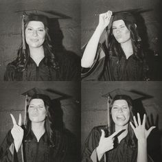 black and white photo of woman in graduation gown making the peace sign with her hand