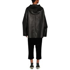 This Peter jacket has a mid-thigh length with an oversize fit. It features a zip front, long sleeves with low shoulders and a dropped armhole, two large square side front pockets with rounded top stiching, and a hood. This leather has a subtle grain texture and natural handfeel.Grained leather jacket.Welt pocketRaw edge at cuffs and hemClassic attached hoodLong sleevesFront zip fasteningStraight hemColor: BlackComposition Cow leather Modern Oversized Outerwear With Detachable Hood, Oversized Modern Hooded Outerwear, Modern Parka With Double-lined Hood For Fall, Rick Owens Runway, Grain Texture, Jackets Online, Rick Owens, Cow Leather, Oversized Fits