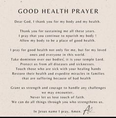 a poem written in black and white with the words god health prayer on top of it