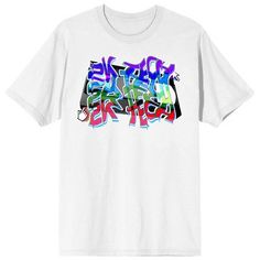 Celebrate your favorite decade with this 2K Tech tee. The shirt features an image of a VHS tape behind colorful letters that repeat the words, “2K Tech.” The tee comes in a white short sleeve crew neck. Fans of the 90s will love this comfy cotton t-shirt. Urban Style Multicolor Graphic T-shirt, Urban Multicolor Graphic T-shirt, Multicolor Crew Neck T-shirt With Logo Print, Multicolor Crew Neck T-shirt For Streetwear, Multicolor Hip Hop Tops With Letter Print, Multicolor Logo Print Top For Streetwear, Multicolor Short Sleeve T-shirt For Streetwear, Urban Multicolor Graffiti Print T-shirt, Multicolor Letter Print Tops For Streetwear