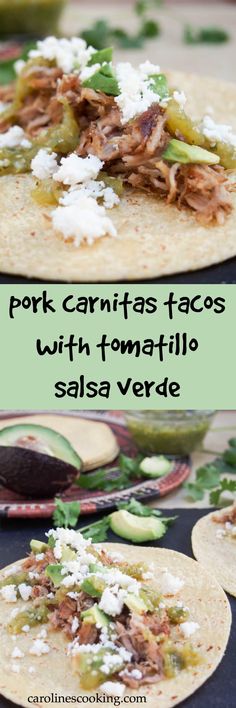 pork carnitas tacos with tomato salsa and avocado on the side