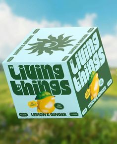 a box of lemon and ginger sitting on top of a grass covered field with trees in the background