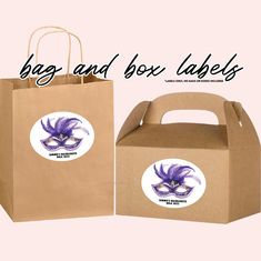 two brown bags with masks on them and the words bag and box labels above it