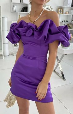 Purple Off the Shoulder Bodycon Homecoming Dresses Satin Maxi Cocktail Dress Candy Couture, Mini Homecoming Dress, Bodycon Dress Homecoming, Sweep Train Prom Dress, Purple Prom, Ruffle Gown, Mini Homecoming Dresses, Satin Homecoming Dress, Tulle Skirts