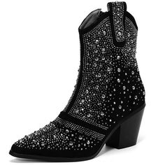 DADAWEN women's western-style cowboy boot is made of synthetic leather and has a rubber sole. The upper is adorned with beautiful rhinestone embellishments, arranged in various combinations to create an eye-catching style. The boot features a chunky square heel design, providing better support for the feet and reducing the strain of the heel height. This western-style cowgirl boot boasts a fashionable appearance, comfortable fit, and good quality, making it the perfect choice for stylish outfits Western Boots With Rhinestone Rivets For Fall, Western Boots With Rhinestone Rivets, Western Boots With Rhinestones And Pointed Toe, Western Pointed Toe Boots With Rhinestone Rivets, Fall Boots With Rhinestones And Round Toe, Western Party Boots With Rhinestone Rivets, Fall Rhinestone Boots With Round Toe, Fall Rhinestone Round Toe Boots, Fall Rhinestone Boots