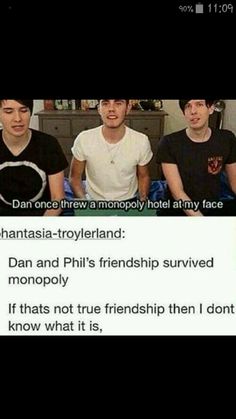 three men sitting next to each other in front of a tv screen with the caption that reads, dan and phil's friends survived