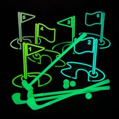 Glow-In-The-Dark Mini Golf Course Game Glow Golf Party, Glow Mini Golf, Glow Party Outside, Glow In Dark Games, Glow In The Dark Jenga, Glow Games For Kids, Glow Party Halloween, Glow In The Dark Mini Golf, Glow In The Dark Party Activities