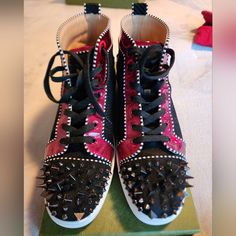 Christian Louboutin Men's Mid Top Special Edition Red/Black With Suede W/Spikes Sz 42 11.5 Christian Louboutin Men, Mid Top, Louboutin Shoes, Christian Louboutin Shoes, Mens Shoes Sneakers, Black Red, Christian Louboutin, Men's Shoes, Shoes Sneakers