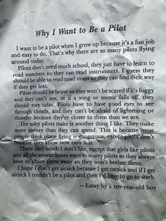 a piece of paper with writing on it that says why i want to be a pilot