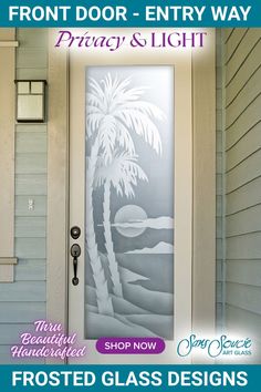 front door - entry way privacy and light with frosted glass designs for the palm tree