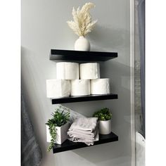 two black shelves holding toilet paper and plants