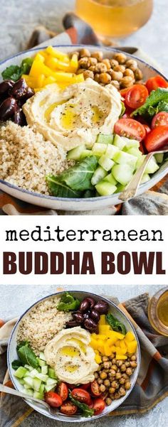 two bowls filled with different types of food and the words mediterranen buddha bowl