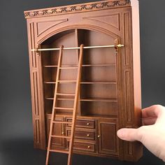 a hand is holding a miniature bookcase with a ladder in it and the door open