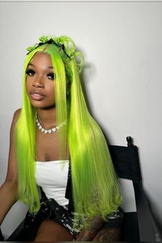 Green Wig Hairstyles, Green Deep Wave Wig, Lime Green Hair Black Women, Lime Green Wig, 13x4 Lace Front Wig, Green Wig, Hairstyle Inspo