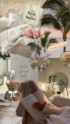 a collage of photos with teddy bears, flowers and other things in it's background