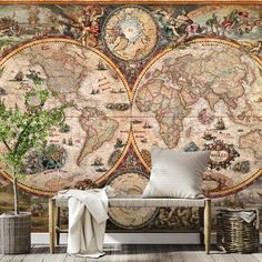 an old world map wallpaper mural in a living room