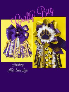 a purple and yellow ribbon with the words crafty bug on it, next to an image of a dog's paw