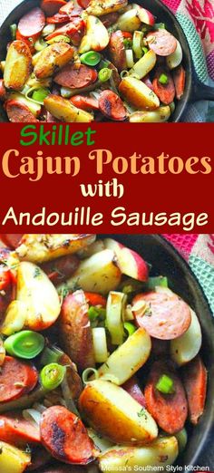 skillet cajun potatoes with andouille sausage in a cast iron skillet