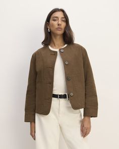 The Denim Barrel Jacket Cocoa – Everlane Everlane Barrel Pants Outfit, Everlane Utility Barrel Pant, Madewell Barrel Jeans, Classic Single-breasted Denim Outerwear, Brown Corduroy Single-breasted Outerwear, Fall Fits, Stretch Denim, Denim Women, Barrel