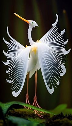 a white bird standing on top of a green leaf covered ground with its wings spread