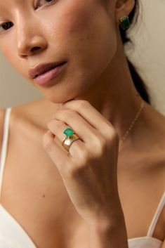 This exquisite Colombian emerald twig ring is a subtle show stopper. The gorgeous green color of the stone is truly one of a kind. This ring pairs beautifully with JP CUSHION CUT COLOMBIAN EMERALD NECKLACE layered with the JP CABLE CHAIN NECKLACE as a set or complements perfectly when stacked with JP GOLD BANDS. The EMERALD is thought of as a symbol of intuition, truth, and abundant love. It is thought to open hearts to give and receive love in all aspects of life… never forgetting self-love. If Green Emerald Ring Engagement, Emerald Stone Engagement Ring, Emerald And Diamond Engagement Ring, Triangle Diamond Ring, Green Engagement Rings, Emerald Stone Rings, Colombian Emerald Ring, Champagne Diamond Rings, Ring Inspiration