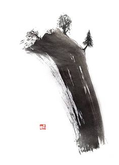 an ink drawing of a hill with trees on top and a red sign below it