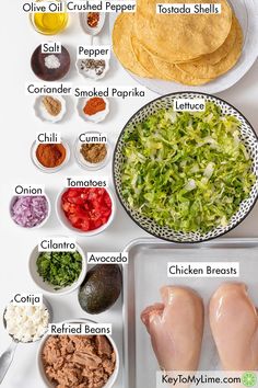 ingredients to make chicken fajita laid out on a white counter top with text overlay