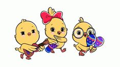 three cartoon birds with glasses and one has an egg in it's hand, while the