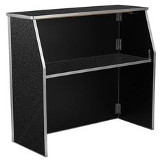 an office desk with a black cabinet and silver trim around the top, on a white background