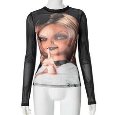 Please refer to our sizing chart for a guideline when choosing a size. 5 business days order processing time. 90% polyester 10% spandex Fitted Graphic Print Mesh Top For Summer, Fitted Mesh Top With Graphic Print For Summer, Black Mesh Y2k Tops, Fitted Sheer T-shirt For Spring, Y2k Mesh Top With Graphic Print, Fitted Printed Crew Neck Top, Black Long Sleeve Y2k Mesh Top, Casual Printed Mesh Top, Black Long Sleeve Mesh Top Y2k Style