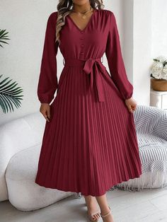 Elegant Solid Color Button-Up Midi Pleated Dress, Spring & Summer Burgundy Casual  Long Sleeve Woven Fabric Plain A Line Slight Stretch  Women Clothing, size features are:Bust: ,Length: ,Sleeve Length: Double Layer Dress, Pleated Maxi Dress, Suspender Dress, Pleated Maxi, Layer Dress, Bell Sleeve Dress, Solid Dress, Inspiration Mode, 8 M