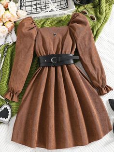 Tween Girl Square Neck Flounce Sleeve Belted Dress Coffee Brown Cute  Long Sleeve Fabric Plain A Line Non-Stretch  Tween Girls Clothing, size features are:Bust: ,Length: ,Sleeve Length: Coffee Brown Dress, Square Collar Dress, Square Neckline Dress, Teen Girl Dresses, Wide Leg Dress Pants, Maid Dress, Dress With Belt, Flounce Sleeve