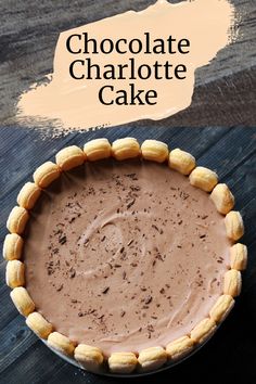 there is a chocolate cake in the pie pan with text overlay that says chocolate charlotte cake