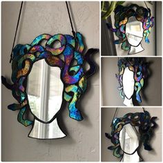 four different pictures of a mirror with various designs on the front and side, hanging from a wall