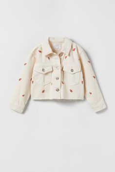 Denim jacket with lapel collar and long sleeves. Front button closure. Front flap patch pockets. Embroidered motifs. OUTER SHELL 100% cotton 8 NO RETURNS Embroidered Motifs, Zara Jacket, Kids Line, Embroidered Denim Jacket, Jacket Beige, Girl Silhouette, Zara Kids, Embroidered Denim, Zara Jackets