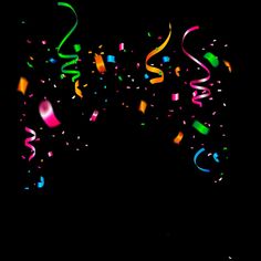 colorful streamers and confetti are flying in the air on a black background