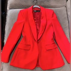 Never Worn, Tuxedo Blazer. Has Some Shoulder Pad And Really Gives You Sharp Polished Look Red Outerwear With Suit Collar For Party, Chic Red Blazer With Suit Collar, Chic Red Outerwear With Suit Collar, Elegant Red Blazer With Lapel Collar, Zara Red Formal Outerwear, Zara Red Blazer For Spring, Zara Red Spring Blazer, Elegant Red Zara Blazer, Elegant Red Long Sleeve Blazer