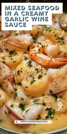 Creamy garlic wine sauce meets a flavorful mix of seafood in this must-try recipe. Serve with pasta, rice, or bread for an unforgettable meal! 🦀🍤🍷 Seafood Recipes For Dinner For Two, Seafood Pasta Recipes White Wine, Seafood Linguini White Wine Sauce, Creamy Seafood Pasta Recipes, Pasta And Seafood Recipes, Seafood Alfredo Pasta Recipes, Mix Seafood Recipe, Christmas Seafood Dinner Ideas, Seafood Bake Recipes