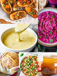 different types of food that include bread, soup and salads are shown in this collage