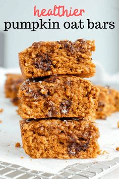 healthy pumpkin oat bars stacked on top of each other with text overlay that reads healthier pumpkin oat bars