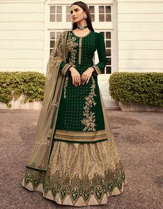 Long Choli Lehenga, Fake Fur Coat, Lehenga Suit, Green Lehenga, Lehenga Style, Net Lehenga, Pakistani Salwar Kameez, Georgette Dress, Indian Lehenga