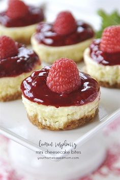 mini cheesecakes with raspberries on top