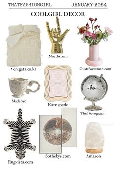 some items that are on top of a white sheet with the words cool girl decor