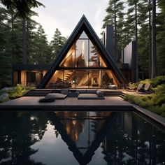 a house in the woods with a pool and lounge chairs on it's side